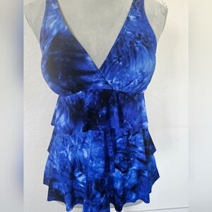 Blue White Tie Dye Tiered Tankini Swim Top Size 12